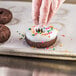 A person putting sprinkles on a Rich's chocolate cake donut.