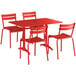 A Lancaster Table & Seating red outdoor table and chairs set.