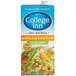 A carton of College Inn Less Sodium Vegetable Broth with a spoonful of vegetable soup.