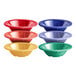 Acopa Foundations melamine fruit dishes in assorted colors on a white surface.