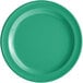 A green melamine plate with a white narrow rim.