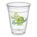A clear plastic cup with a printed design featuring lemons and the words 'Ice Cold Lemonade.'