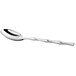An Acopa Heika stainless steel bouillon spoon with a long silver handle and a silver spoon.