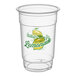A clear 16 oz. plastic cup with a lemon graphic and the words 'Ice Cold Lemonade' printed on it.