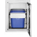 A blue and white bin inside a metal cabinet with a blue and grey surface.
