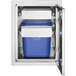 A metal box with a blue and white bin inside.