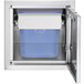 A stainless steel Crown Verity built-in garbage holder with a blue lid.