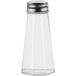 A clear glass salt shaker with a stainless steel top.