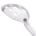 A close-up of an American Metalcraft stainless steel slotted spoon with a white background.