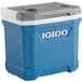 An Igloo blue and white cooler with a lid and top swing handle.