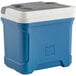 An Igloo indigo blue and white cooler with a lid.