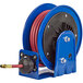 A blue and black Coxreels hose reel with a red and blue hose.