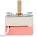 A small metal and plastic Main Street Equipment thermostat with a pink and white switch and gold wire.
