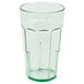 A clear plastic tumbler with a green rim and straw.