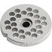 A circular stainless steel Avantco grinder plate with holes in it.
