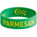 A green silicone label band with yellow text reading "Parmesan"