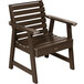A brown faux wood outdoor arm chair with a slat back and armrests.