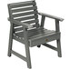 A grey outdoor arm chair with a wooden seat.