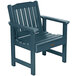 A Nantucket blue faux wood outdoor arm chair with Sequoia armrests.