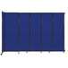 A blue rectangular wall-mounted room divider with black trim and wheels.