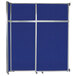 A blue rectangular Versare room divider with silver trim and white borders.