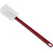 A close up of a red and white Choice silicone spatula with a handle.