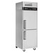 A silver stainless steel Turbo Air M3 Series reach-in refrigerator with two solid half doors.