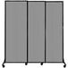 A Versare light gray Poly Quick-Wall sliding room divider with wheels.
