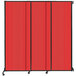 A red room divider with black lines on the wheels.