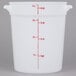 A white Cambro round plastic food storage container with measurements in red.