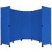 A blue Versare folding partition with wheels.
