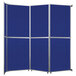 A blue Versare operable wall room divider with silver trim on metal legs.