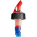 An American Metalcraft red and blue measured liquor pourer with a red cap.