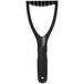 An OXO black plastic round-faced potato masher with a black handle.