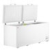 A white Galaxy commercial chest freezer with two open doors.