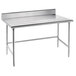 An Advance Tabco stainless steel work table with an open base and backsplash on a metal table.