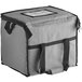 A gray insulated cooler bag with black straps and a zipper.