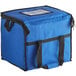 A blue nylon cooler bag with black straps and a black zipper.