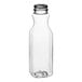 A clear PET square carafe juice bottle with a black lid.