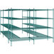 A green metal wire shelving unit with shelves.