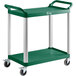 A green utility cart with two shelves and wheels.