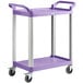 A purple Choice utility cart with two shelves and wheels.