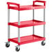 A red Choice utility cart with three shelves and wheels.