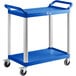A blue Choice utility cart with two shelves and silver legs.