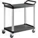 A black utility cart with two shelves and silver legs.