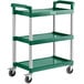 A green utility cart with three shelves and wheels.