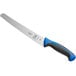 A Mercer Culinary Millennia Colors bread knife with a blue handle.