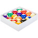 A white box of Mizerak Deluxe billiard balls.