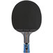 A black Stiga table tennis racket with a blue and white striped handle.
