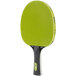 A green ping pong paddle with a black handle.
